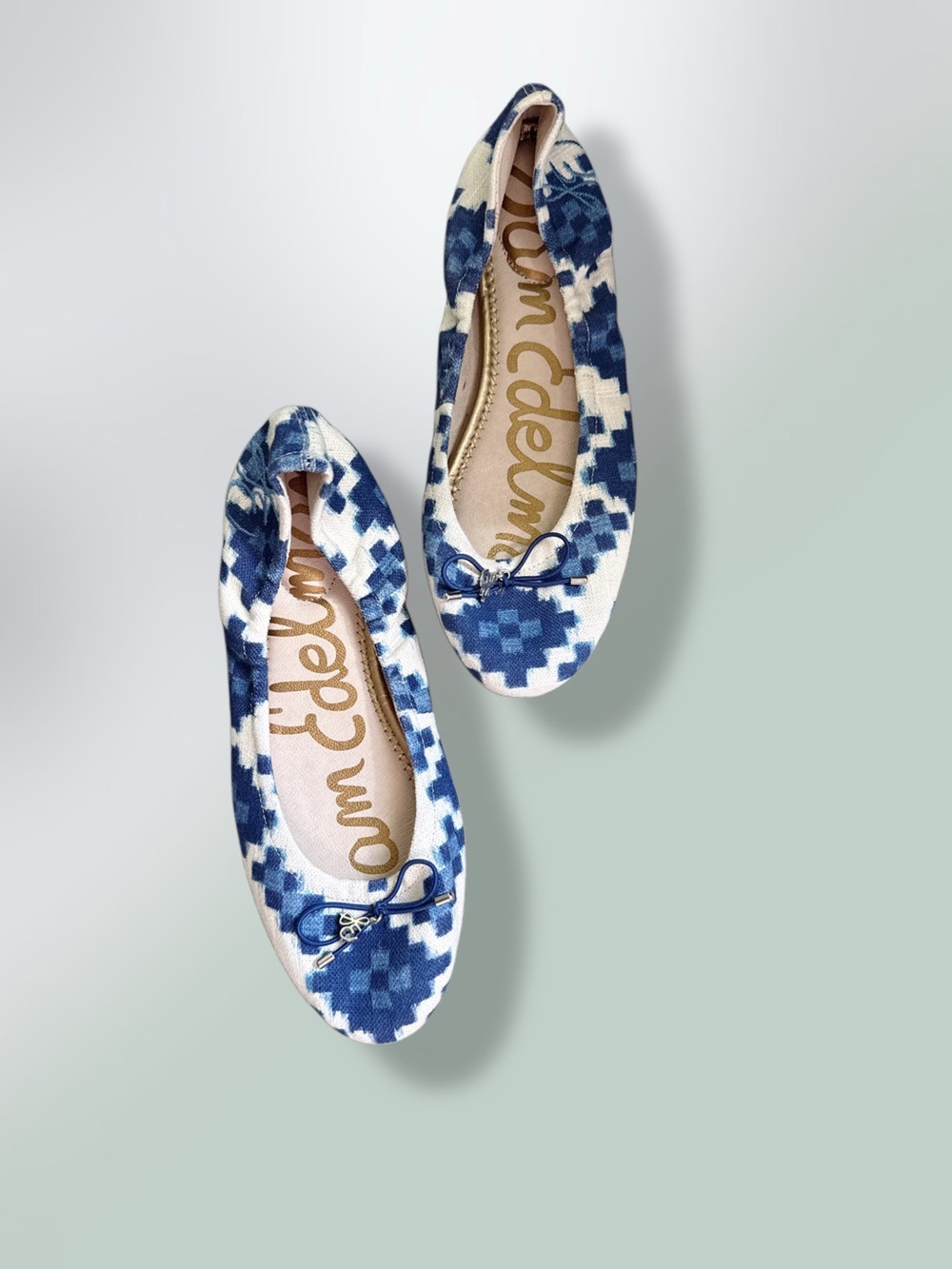 SAM EDELMAN Blue and White Patterned Ballet Flats